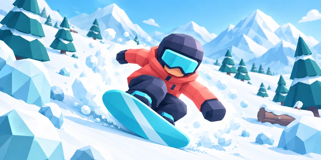 Avalanche promotional illustration: a coral-jacketed snowboarder carving through snow among alpine trees
