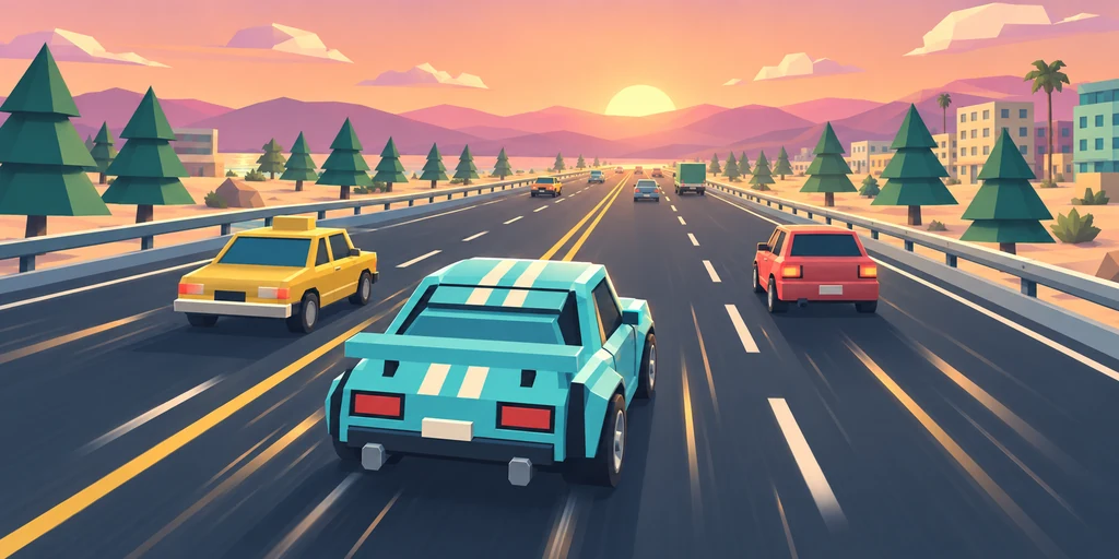 RaceKing promotional illustration: an aqua coupe with cream racing stripes on a slate road beneath a peach sunset
