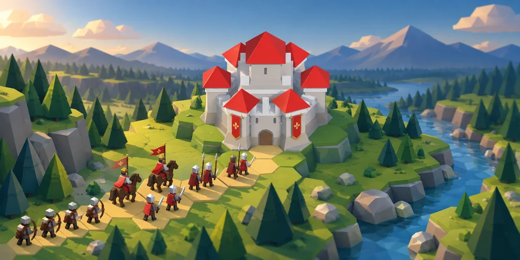 Vassal promotional illustration: an ivory keep with red roofs and miniature troops on green hex terrain beside a river